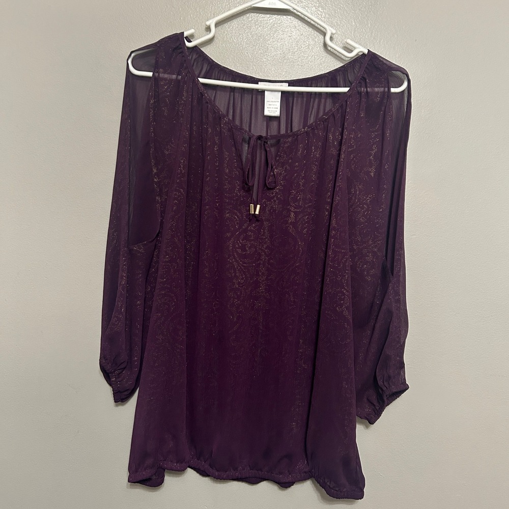 Cache Blouse L Purple Gold Metallic Paisley Sheer Keyhole Peasant Cottagecore